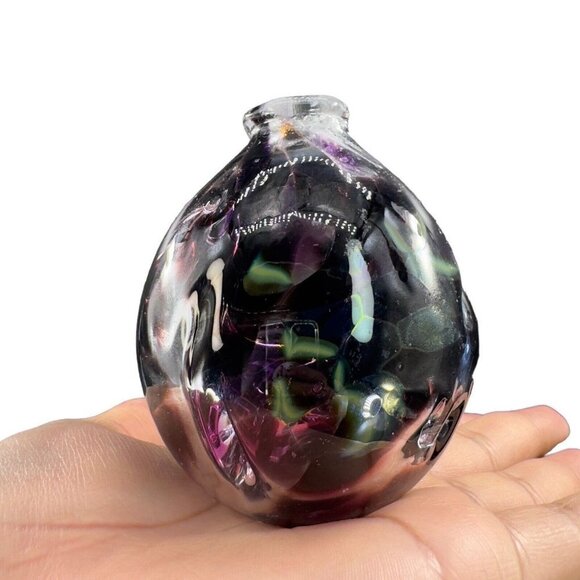 Hand Made Bud Vase Hand Blown Glass Vase Perfume Bottle Glass Swirls Inside Sign - Picture 1 of 16